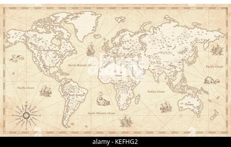 Great Detail Illustration of the world map in vintage style with mountains, trees, cities and main rivers on a old parchment background. Stock Vector