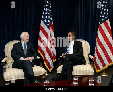 Chicago, IL - November 17, 2008 -- United States President-elect  Barack Obama, right, meets with former Republican presidential candidate United States Senator John McCain (Republican of Arizona), left, at Obama's transition office Monday, November 17, 2008, in Chicago, Illinois. .Credit: Frank Polich - Pool via CNP /MediaPunch Stock Photo