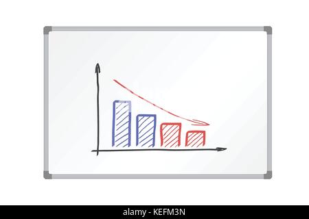 Realistic vector illustration whiteboard with aluminum frame and drawing colorful decreasing graph, isolated on white background Stock Vector
