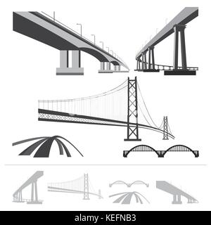 set of bridges, vector silhouette collection isolated on white background Stock Vector