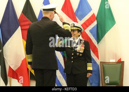 Giugliano In Campania, Italy. 20th Oct, 2017. Military Ceremony 'Command Exchange' at JFC Naples Headquarters. In picture in order L to R: Admiral James G. Foggo III, Admiral Michelle J.Howard Military Ceremony 'Command Exchange' at JFC Naples Headquarters. Credit: Salvatore Esposito/Pacific Press/Alamy Live News Stock Photo