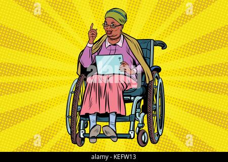 elderly African woman disabled person in a wheelchair, gadget ta Stock Vector