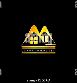 Golden Real Estate And Construction Logo with Black Backgrounds, Vector, Illustrator Stock Vector