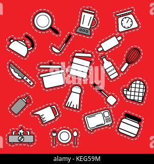 Kitchenware outline icons for tools and appliances equipment isolated vector illustrations on red background Stock Vector