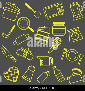 Yellow Kitchenware outline icons for tools and appliances equipment isolated vector illustrations on grey background Stock Vector