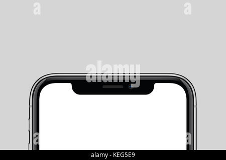 Close-up new modern smartphone mockup similar to iPhone X with copy space on gray background. Stock Photo