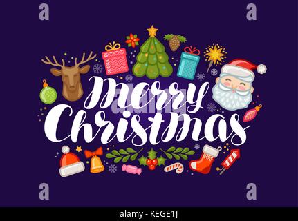 Merry Christmas, banner or greeting card. Xmas, holiday concept. Vector illustration Stock Vector