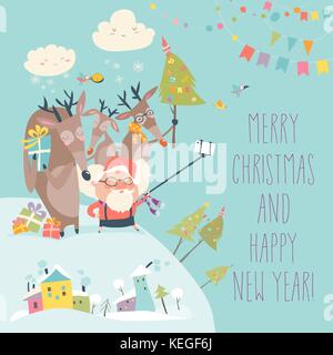 Santa and reindeers take a selfie Stock Vector