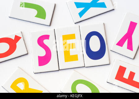 word SEO made of colorful letters on white background Stock Photo