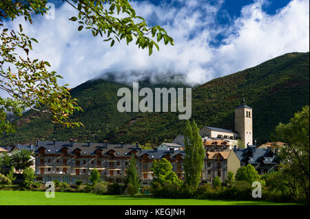 New development in town of Biescas in Valle de Tena, Aragon, Northern Spain. Many Spanish construction projects had EU funding Stock Photo