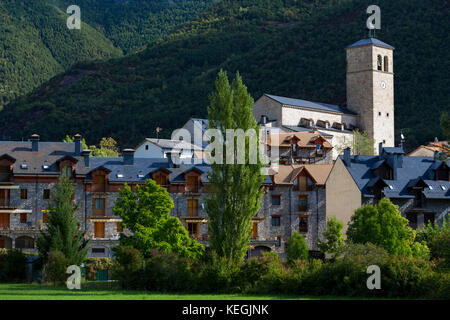 New development in town of Biescas in Valle de Tena, Aragon, Northern Spain. Many Spanish construction projects had EU funding Stock Photo