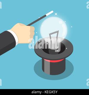 Isometric businessman hand use a magic trick to make light bulbs of idea from hat. Idea concept. Stock Vector