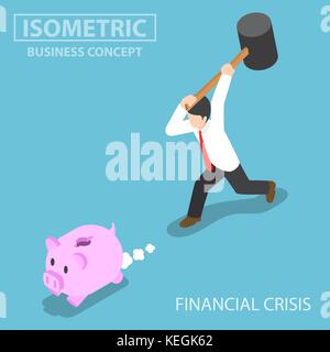Flat 3d isometric businessman trying to break piggy bank. financial crisis concept. Stock Vector