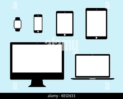 Mobile, watch, tablet, laptop, desktop computer icon set Stock Vector