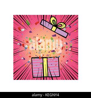 Opened birthday gift box with bow ribbon and colorful confetti in comic style Stock Vector