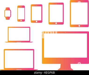 The Gradient pink to orange mobile, tablet, laptop, computer, watch flat icon set Stock Vector