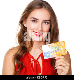 Woman hand giving 10 swiss franc banknote isolated on white background Stock Photo