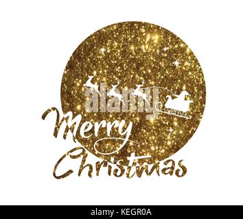 vector golden glitter Santa Claus, reindeer and moon poster with Merry Christmas word Stock Vector