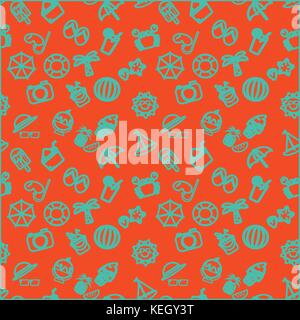 Green outline of summer items icon vector pattern on orange background Stock Vector