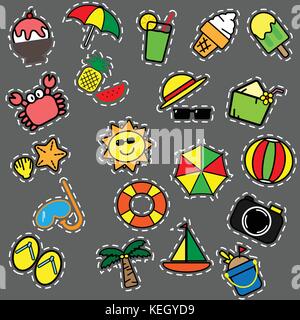 Colorful summer items icon with white dashed outline on grey background for summer concept Stock Vector
