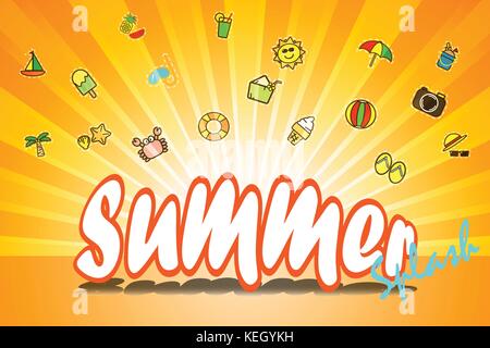 Summer holiday items with sunray for Summer splash concept on orange background Stock Vector
