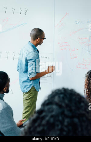 Businessman writing on whiteboard in meeting Stock Photo