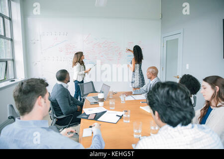 Businesswoman writing on whiteboard in meeting Stock Photo