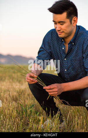 Smiling Chinese man crouching and holding grass in field Stock Photo