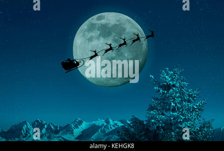 Silhouette of Santa and reindeer flying sleigh near full moon Stock Photo