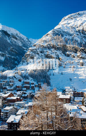 Snowy mountains surrounding town of Zermatt in the Canton of Valais, Switzerland Stock Photo