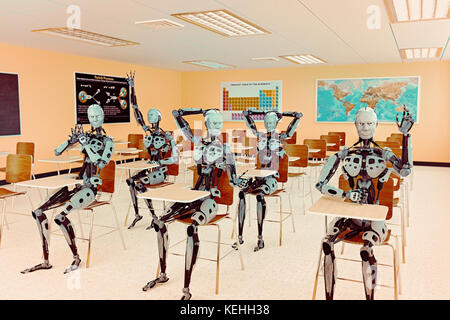 Robots students sitting in classroom raising hands Stock Photo