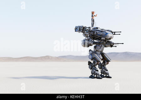 Woman standing on futuristic robot aiming guns Stock Photo