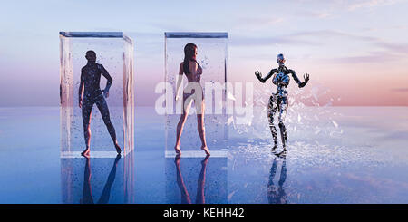 Robot breaking free from glass cube near man and woman Stock Photo