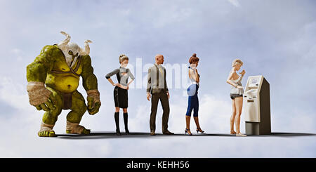 People and ogre waiting to use ATM Stock Photo