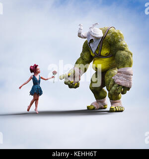 Girl giving flower to giant ogre Stock Photo