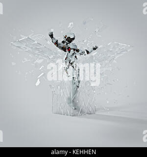 Robot shattering glass cube Stock Photo