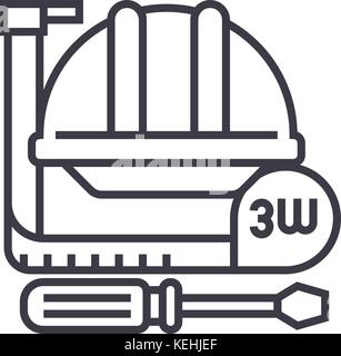 construction tools,meter, hard hat, hammer, screwdriver vector line icon, sign, illustration on background, editable strokes Stock Vector