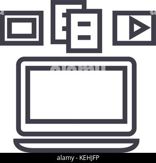 content syncing,laptop media vector line icon, sign, illustration on background, editable strokes Stock Vector