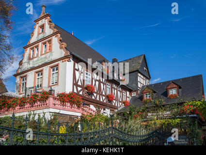 Rüdesheim am Rhein, wine making town in Germany, old town scenery, restaurant Winzerkeller Stock Photo