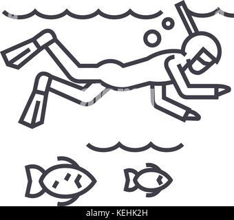 diving in the sea with fish,scuba,snorkeling vector line icon, sign, illustration on background, editable strokes Stock Vector