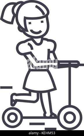 girl on a scooter vector line icon, sign, illustration on background, editable strokes Stock Vector