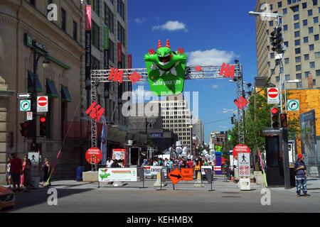 Entrance to the Just for Laughs Festival site on Ste Catherine street, Montreal, province of Quebec, Canada. Stock Photo