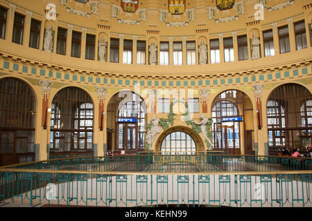 Interior art and classic retro building in Prague main railway station or praha hlavni nadrazi on August 31, 2017 in Prague, Czech Republic. Stock Photo