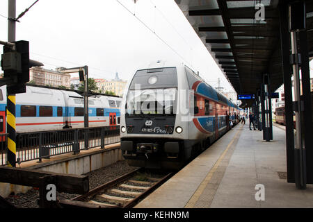 Czechia people and foreigner passengers wait and to get on the train at Prague main railway station or praha hlavni nadrazi on August 31, 2017 in Prag Stock Photo
