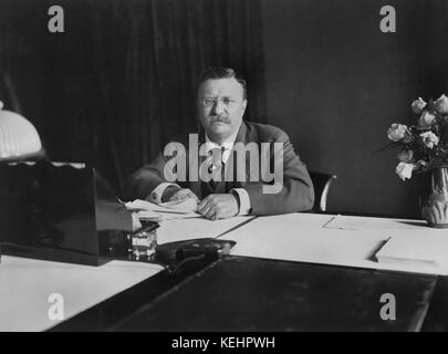 Theodore Roosevelt,Portrait Seated at Desk,Washington DC,USA,by Barnett McFee Clinedinst,1907 Stock Photo