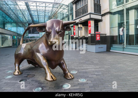 Birminghamm, UK - October 3rd, 2017 : A Bull Sculpture Outside the Front of the Bullring Shopping Centre, a landmark in Birmingham. Stock Photo
