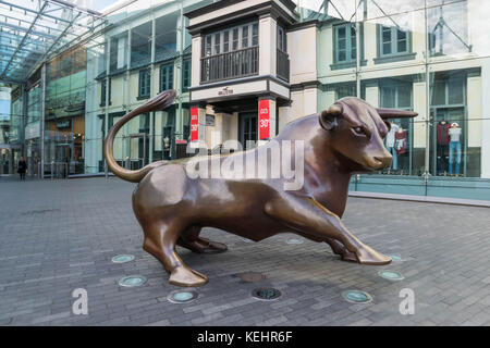 Birminghamm, UK - October 3rd, 2017 : A Bull Sculpture Outside the Front of the Bullring Shopping Centre, a landmark in Birmingham. Stock Photo