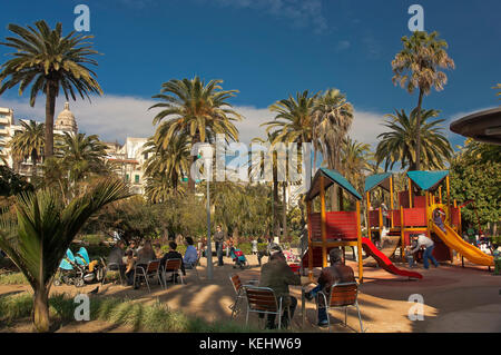 Alameda Park - terrace bar and playground, Malaga, Region of Andalusia, Spain, Europe Stock Photo