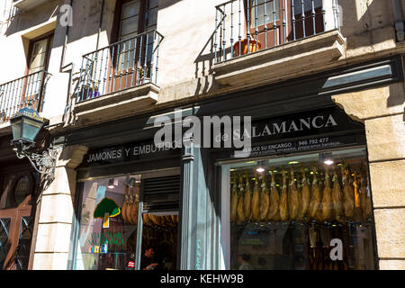 Jamones Y Embutidos de Salamanca shop selling Iberico Jamon ham and other meats in Calle de Bidebarrieta in Bilbao, Spain Stock Photo