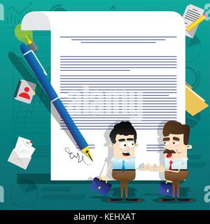 Business people standing on front of a signed contract. Business agreement concept. Vector illustration. Stock Vector